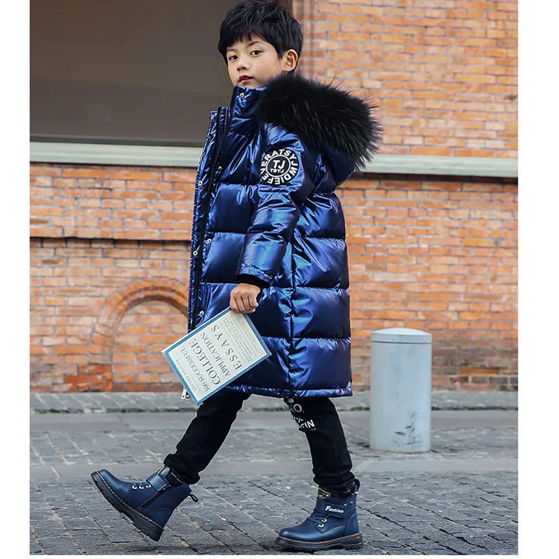 -30°C Winter New Teen Boys Jacket Long Glossy Waterproof  Thick Keep Warm Down Cotton Hooded Windbreaker For 5-14 Years Old