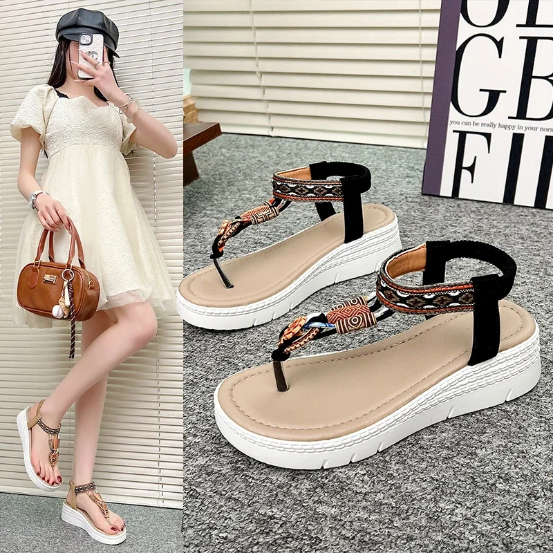 

Women's Large Size Sandals Toe Clip Elastic Band Wedge Heel Shoes Women Dress Beach Roman Flower New Bohemian Sandalias De Mujer