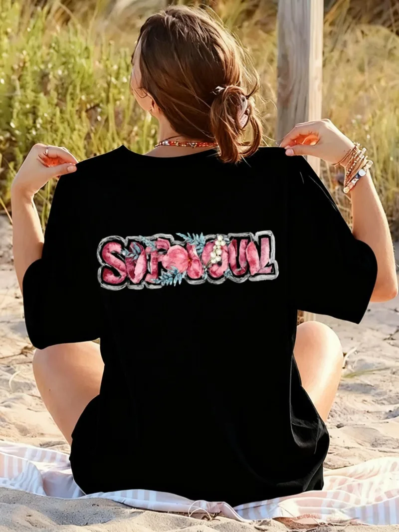 

Women's Short-sleeved T-shirt Round Collar Cotton Loose Back Pink "SUNSHINE" Letter Printing Spring and Summer