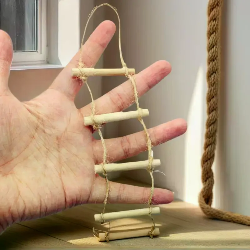 Hangende ladder poppenhuisspeelgoed in miniatuur, 1 stuks houten henneptouw huisdier- en tuinscène modelaccessoire