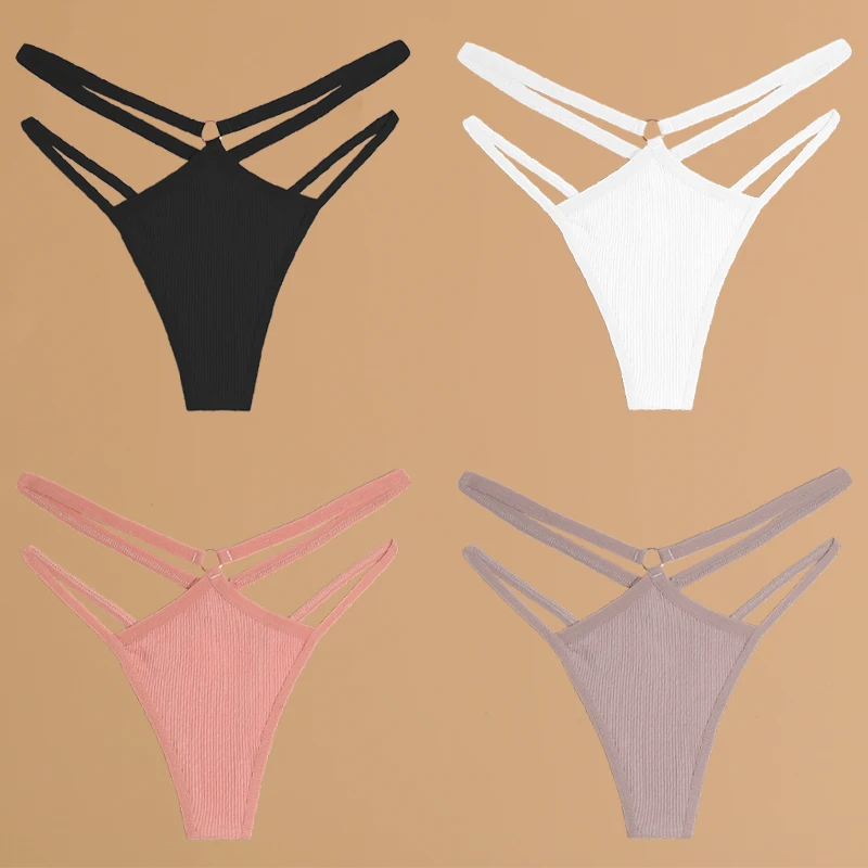 FINETOO 4 Stück Baumwolle Doppel Dünne Gürtel Unterwäsche für Frauen Sexy Niedrige Taille Gestreifte Tangas Damen Soild Höschen Atmungsaktive Dessous