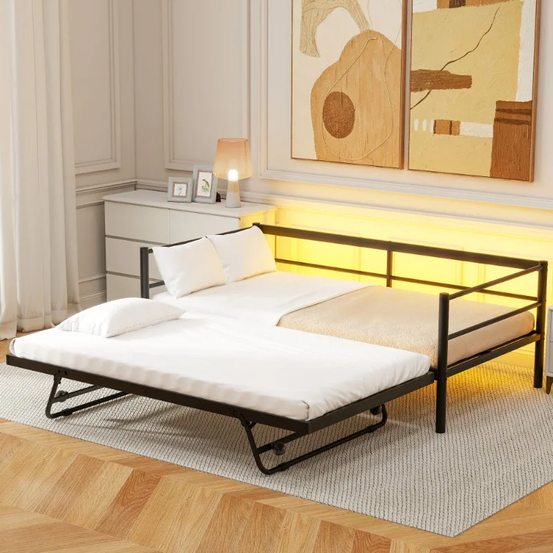 Foldable Metal Frame Sofa Bed Convertible Sleeper Bed with Pillows Space Saving Guest Bed for Living Room Bedroom Home Furniture
