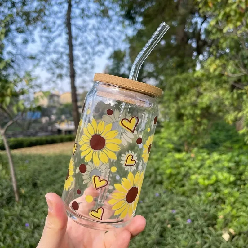 16oz Custom Glass Can Cup with Bamboo Lid and Straw Beer Soda Drinking Tumbler for Iced Coffee Beverage Daily Party Use