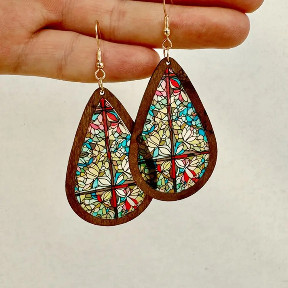 Kaleidoscope Pattern Mosaic Stained Earrings Dangle Earring Bright Colorful Statement Earrings Acrylic Wood Water Drop Earrings