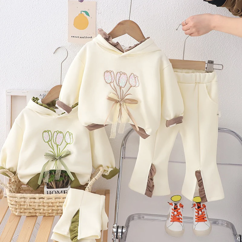 Spring Children Clothing Sets Baby Girls Floral Hooded Sweatshirt Pants Toddler Infant Casual Sportswear Kids Clothes Outfits