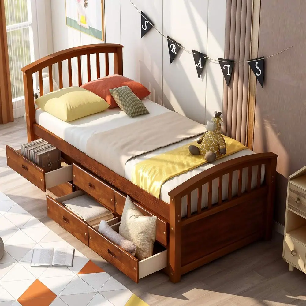 

Twin Platform Bed with 6 Drawers, Wooden Storage, Footboard, and No Box Spring Required (Walnut)