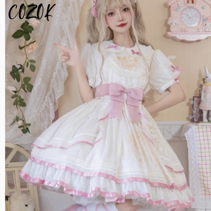 

Sweet Original Lolita Princess Girls Doll Dress 2025 Spring Summer Women's Short Sleeve Pink Bow Lace Embroidered Short Dress