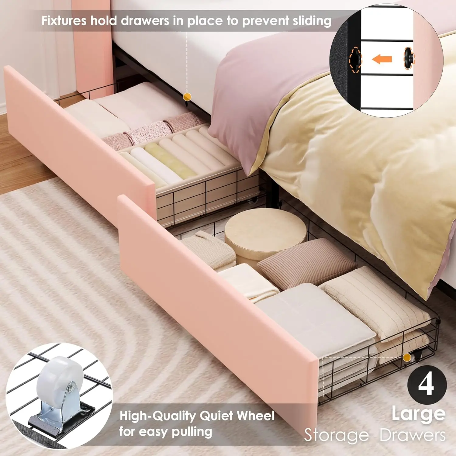 Upholstered Full Size LED Bed Frame with Charging Station & 4 Storage Drawers, Velvet Crystal Button-Tufted Wingback Headb