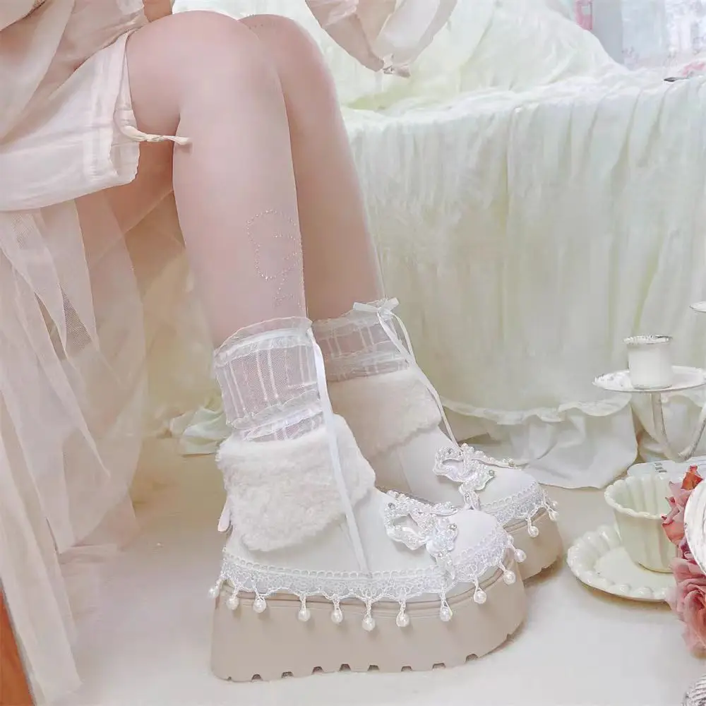 White pearl rhinose tassel beads sweet cotton boots large cute short tube non-slip female cotton shoes 34-40 view 5