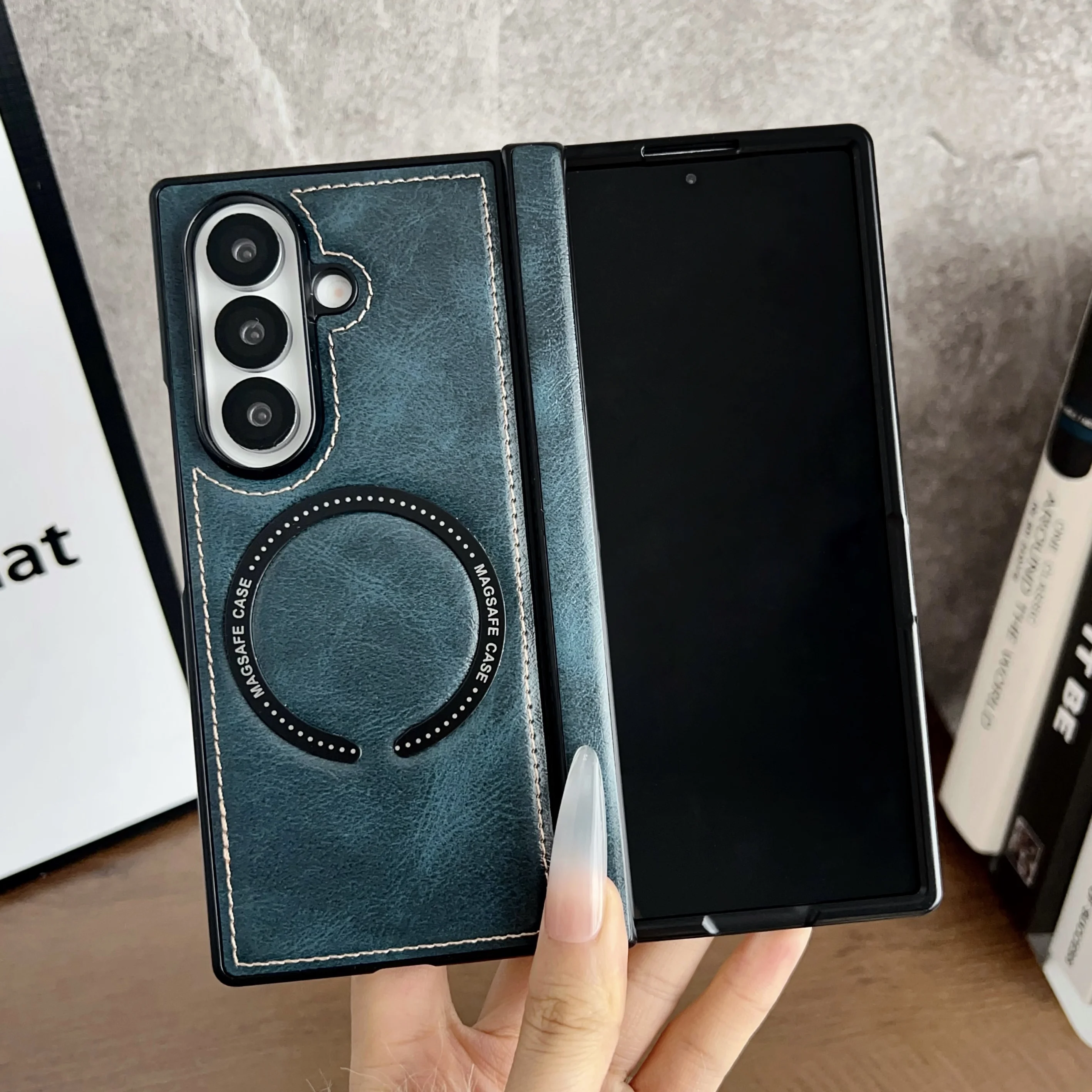For Magsafe Samsung Galaxy Z Fold 7 6 5 4 3 Case Luxury Leather Hinge Magnetic Wireless Charging Shockproof Protection Hard Case