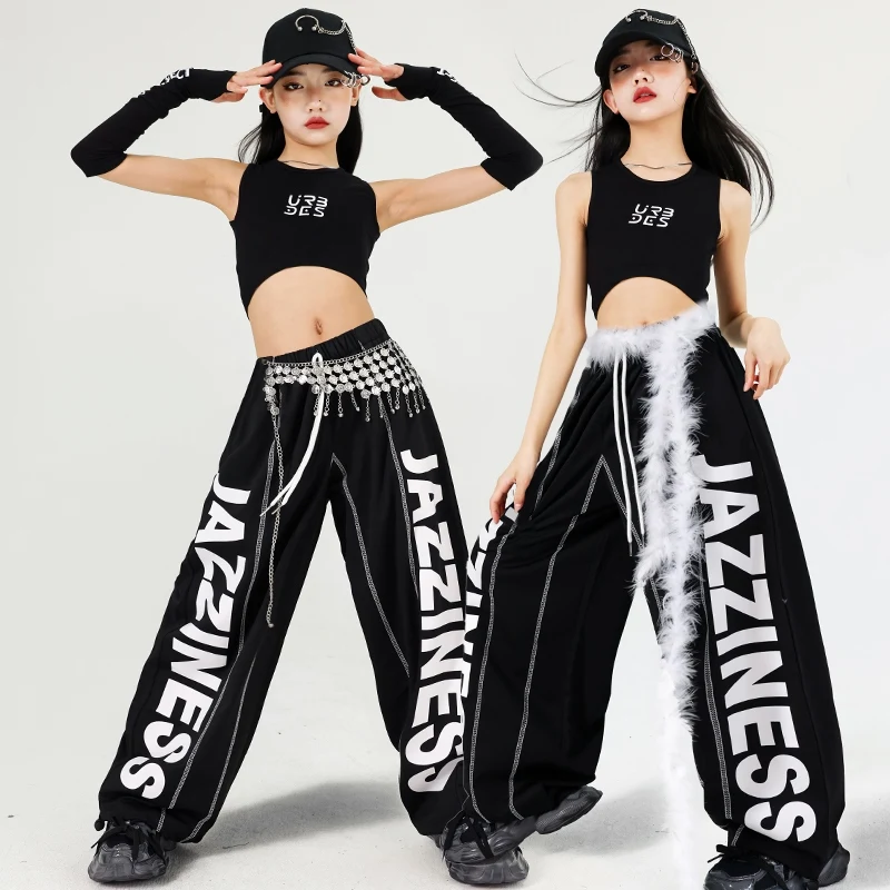 

Jazz Dance Costume Children Stage Dance Suit Hip Hop Kpop Performance Wear Black Shuffle Pants Crop Tops Fashion Clothes AMY1893