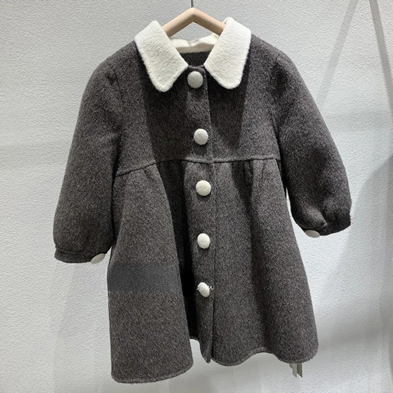 Girls Woolen Jacket Autumn Winter Long Style Patchwork Thick Warm Lapel Windbreaker Coat For Single Breasted Overcoat 2-6 Yeras