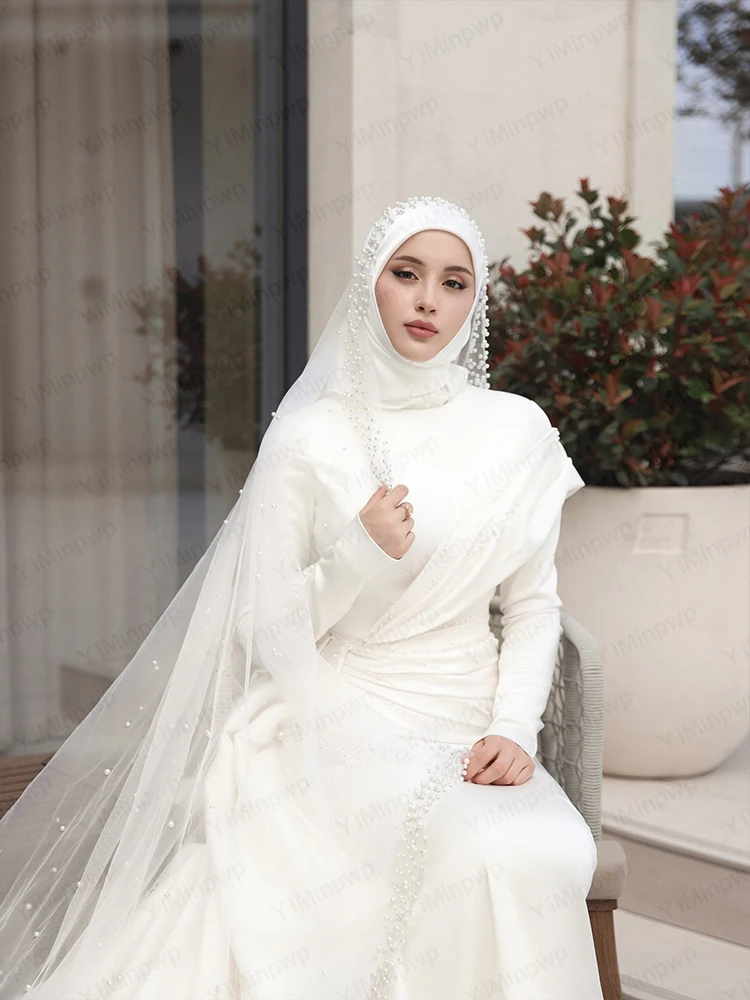 فساتين زفاف إسلامية برقبة عالية وأكمام طويلة فستان عروس حورية البحر سويب تراين شاطئ مطرز بالخرز فستان زفاف مخصص رداء دي ماري #4