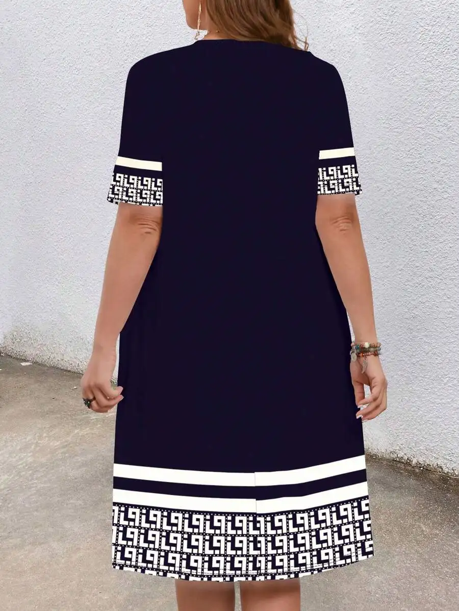 

Plus Size Casual Geometric Print Dress For Women Summer Chic A-Line Dress