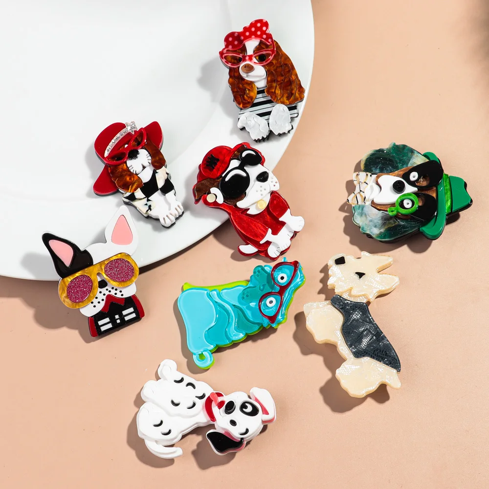 New Acrylic Cute Glasses Pet Dog Brooches for Women Lovely Cartoon Animal Cocker Spaniel Pins Lapel Badges Fashion Jewelry Gifts