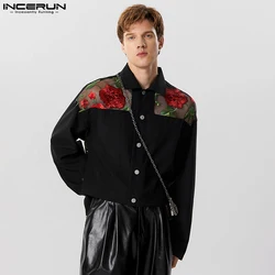 2023 Men Jackets Mesh Patchwork See Through Lapel Long Sleeve Male Outerwear Streetwear Embroidery Fashion Crop Coats INCERUN