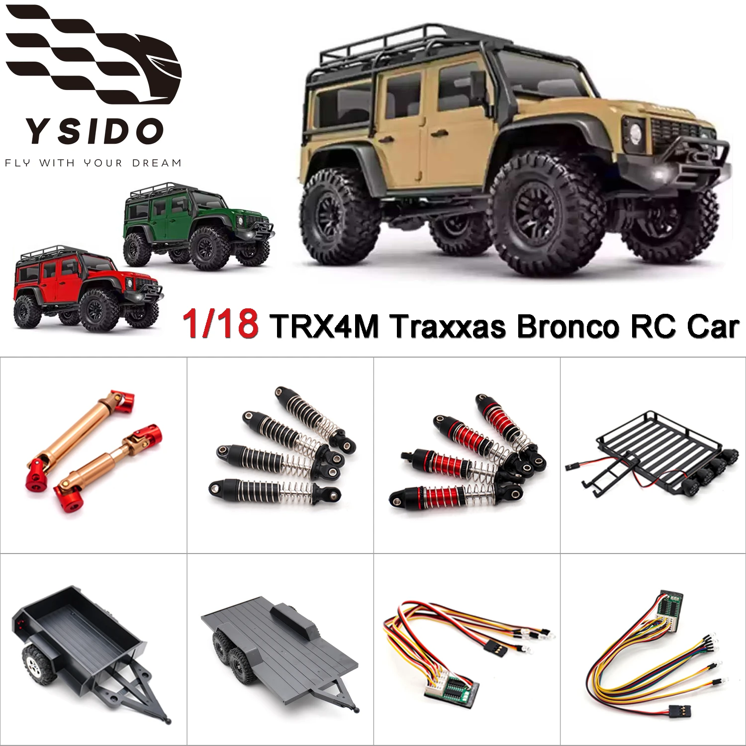 Metal Drive Shaft 58mm Shock Absorber Luggage Rack Utility Trailer with Hitch for 1/18 TRX4M Traxxas Bronco RC Car Upgrade Parts