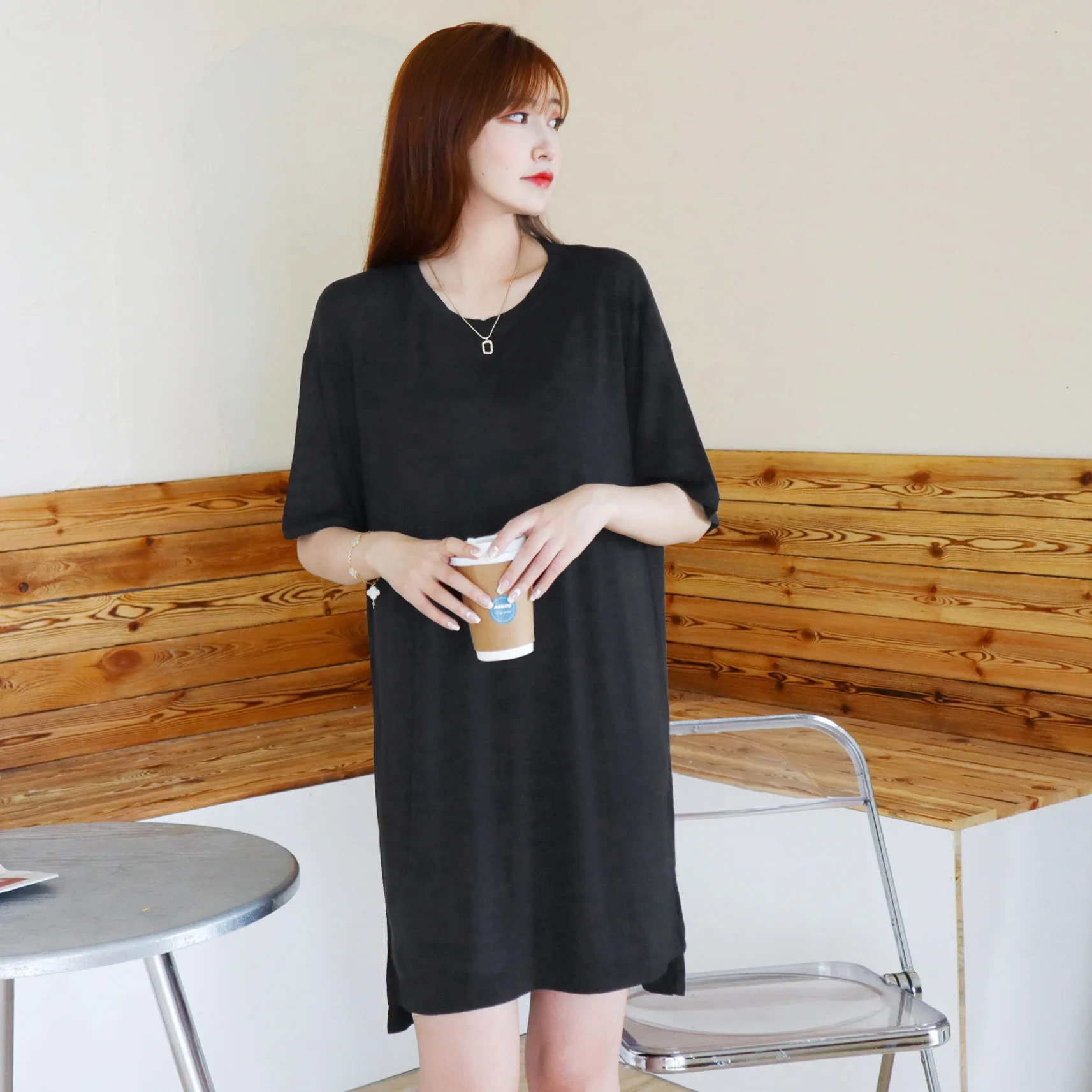 Robe t-shirt à col rond, grande taille, manches courtes, couleur unie, décontractée, confortable, vêtements de maison, tenue de nuit