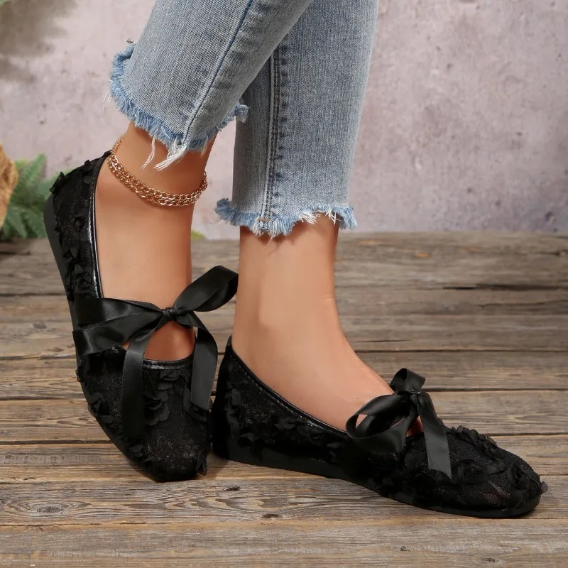 Fashion New Pink Lace Flower Flats Spring Summer Casual Soft Sole Square Toe Lace Up Sweet Ballet Mesh Breathable Single Shoes - view 4