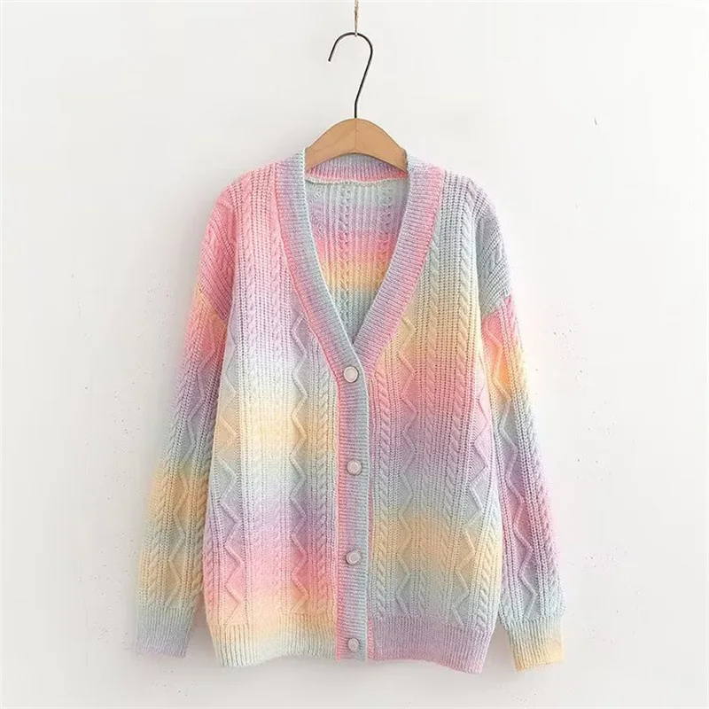 

Rainbow Gradient Women's Sweater Cardigans Autumn Winter Loose V Neck Knitted Cardigans Jacket Female Casual Knitwear Coat 2023