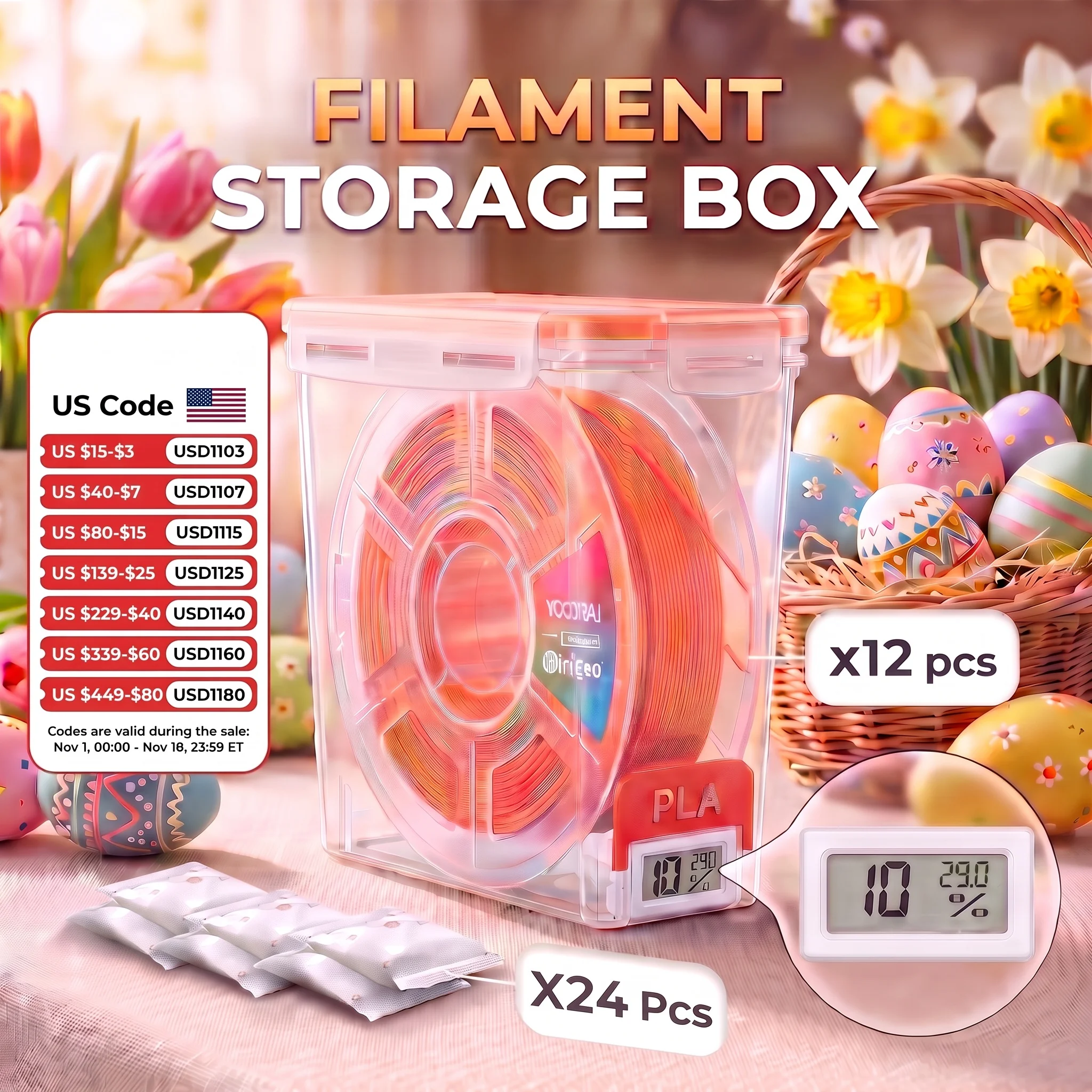 YOOPAI Filament Storage Box Airtight with Thermo-Hygrometer Slot Dustproof Moisture-Proof Dry Container for PLA/ABS/PETG/TPU