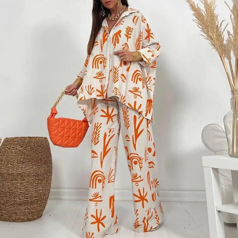 Fashion Women Matching Sets Causal Print Shirt Loose Wide leg Trousers Suit Spring Women's Outfits 2PCS Elegant OL Work Pant Set