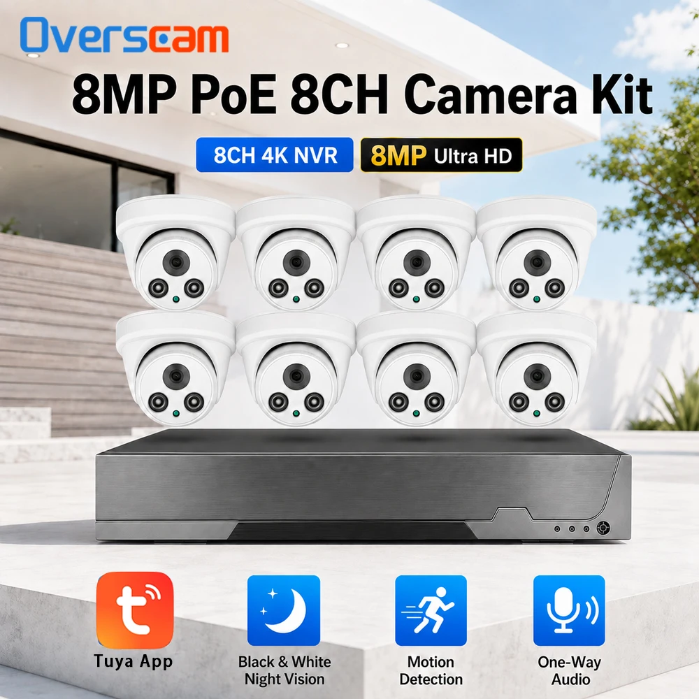 8MP 4K PoE CCTV Camera System 8 CH NVR Kit with 8 White Dome Cameras IP66 Waterproof Motion Detection Night Vision One Way Audio