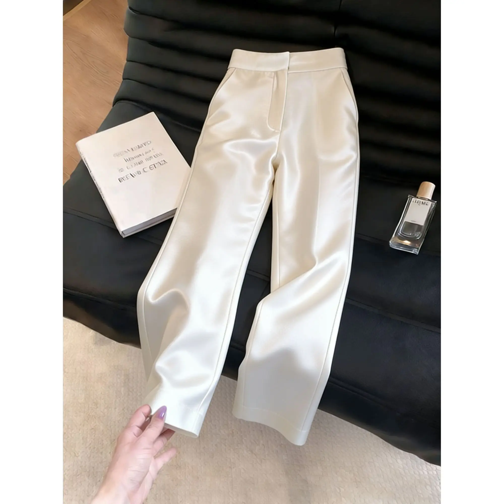 Gold Satin Suit Pants for Women High Waist Elegant Fashion Thin Pants Office Lady Acetate Casual Slim Straight Trousers
