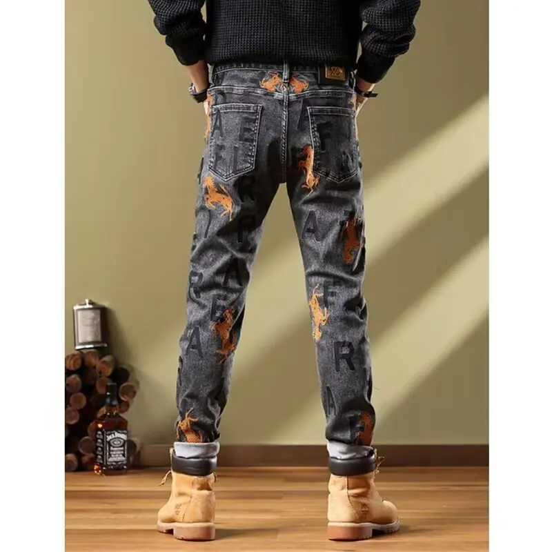 Slim Fit Denim Hip Hop Trousers Stretch Mens Jeans Letters Printing Jeans Men Casual Slim Fit Trousers Denim Printed Jeans Pants
