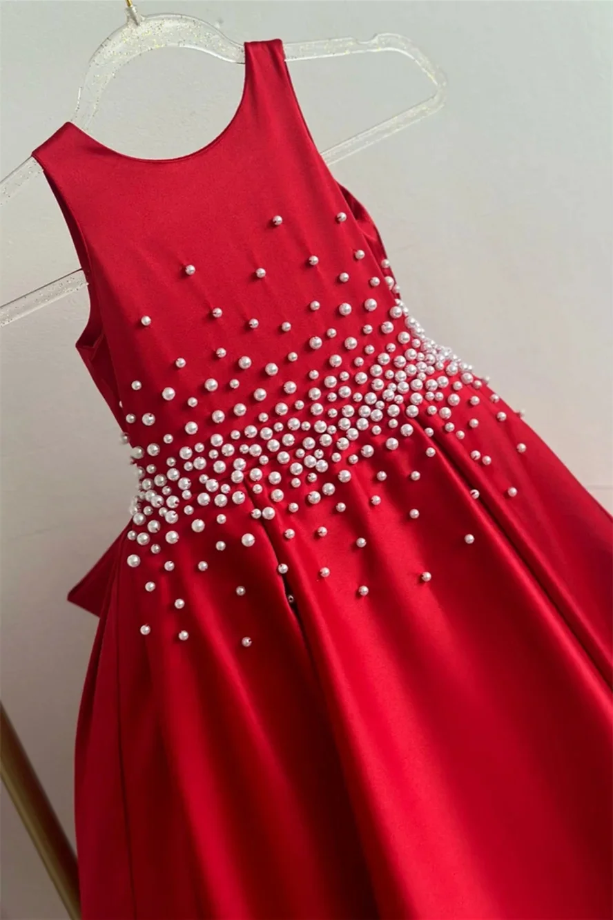 Elegant Red Satin Pearls Flower Girl Dresses for Wedding Sleeveless Kids First Communion Birthday Party Gowns with Belt Custom