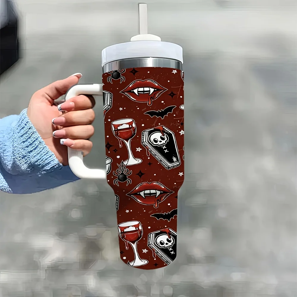 1ps Halloween And Christmas 40Oz Stainless Steel Tumbler with Handle And Straw Lid, Spooky Gothic Vampire Coffin Blood Wine Bat Printed Water Cup, for Home Office Travel Camping Outdoor Daily Drinking