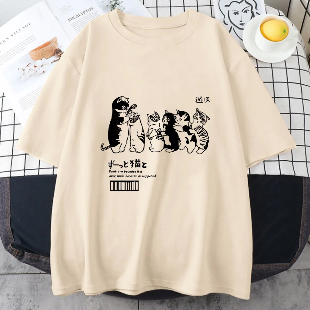 Japanese Kanji Cat 100% Cotton Oversize T Shirt Short Sleeve Women's Tops 2023 Summer Couples Loose Fashion Tees Korean Style