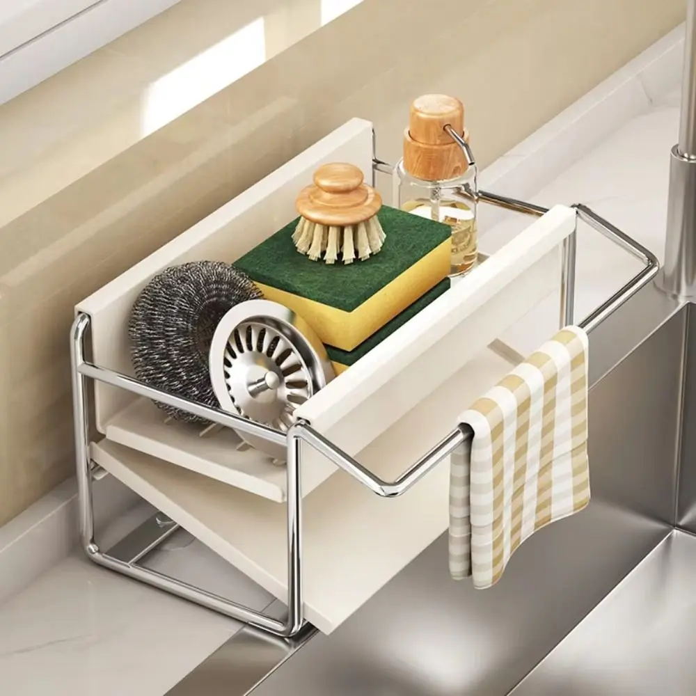 

Carbon Steel/Stainless Steel Kitchen Sink Rack Auto Drain Tray Space Saving Sponge Holder Wall Mounted Suction Cup