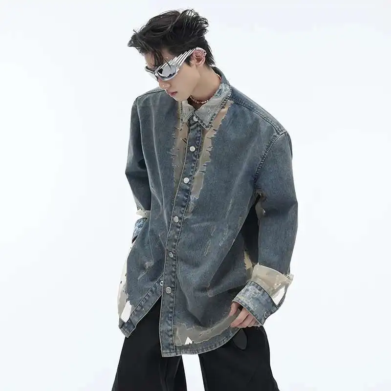LUZHEN Trendy Translucent Splicing Design Wornout Personalized Denim Jackets Original Men's Street High Quality Clothes JY5453