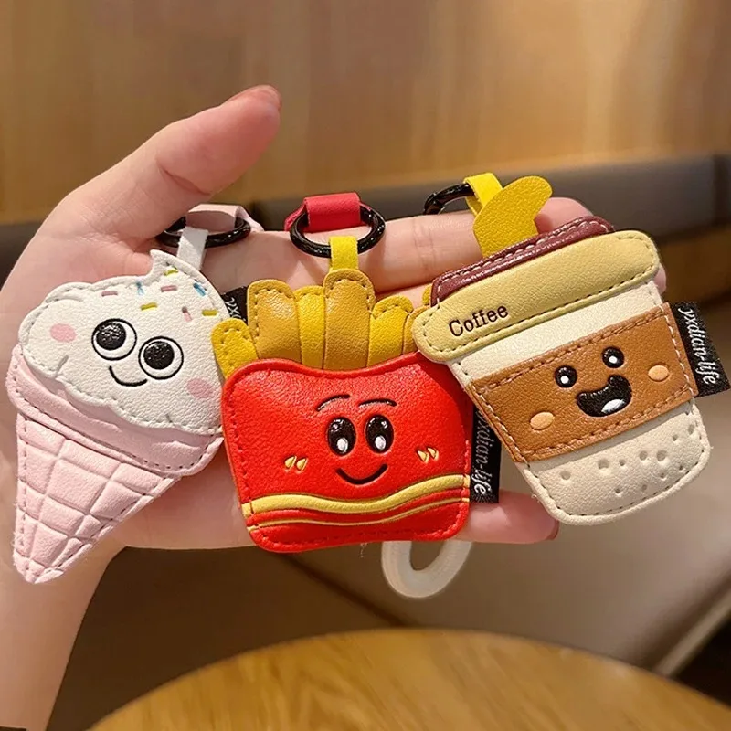Creative Cartoon Leather Snacks Keychain Cute French Fries Coffee Ice Cream Couple Bag Pendant
