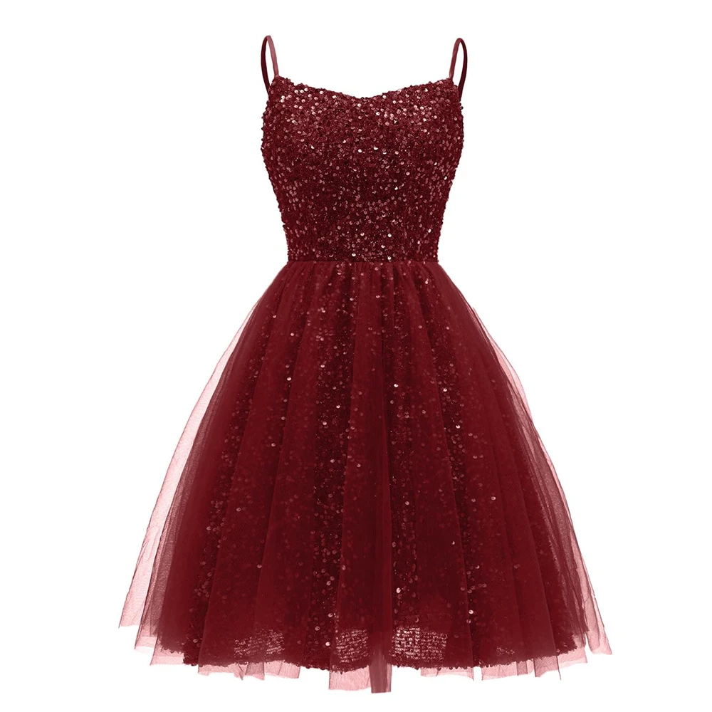 

Bealegantom Sequin Short Homecoming Dresses Spaghetti Straps Tulle Glitter Mini Graudation Cocktail Formal Prom Party Gown B56