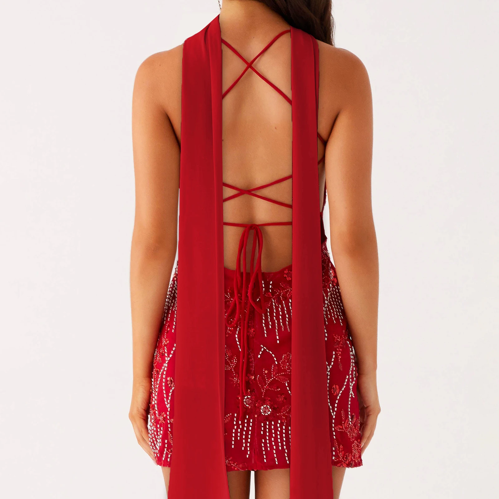 Women y2k Fairy Sequin Cami Mini Dress Sparkle Rhinestone Floral Embroidery Spaghetti Strap Sleeveless Bodycon Dress with Scarf