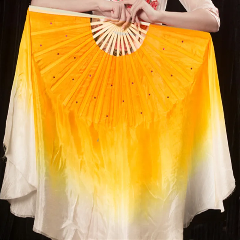 1 Pair Real Silk Veil Chinese Folk Dance Fan Bamboo Ribs Double Sided Performance Props Short Fan Veils Gradient Yellow