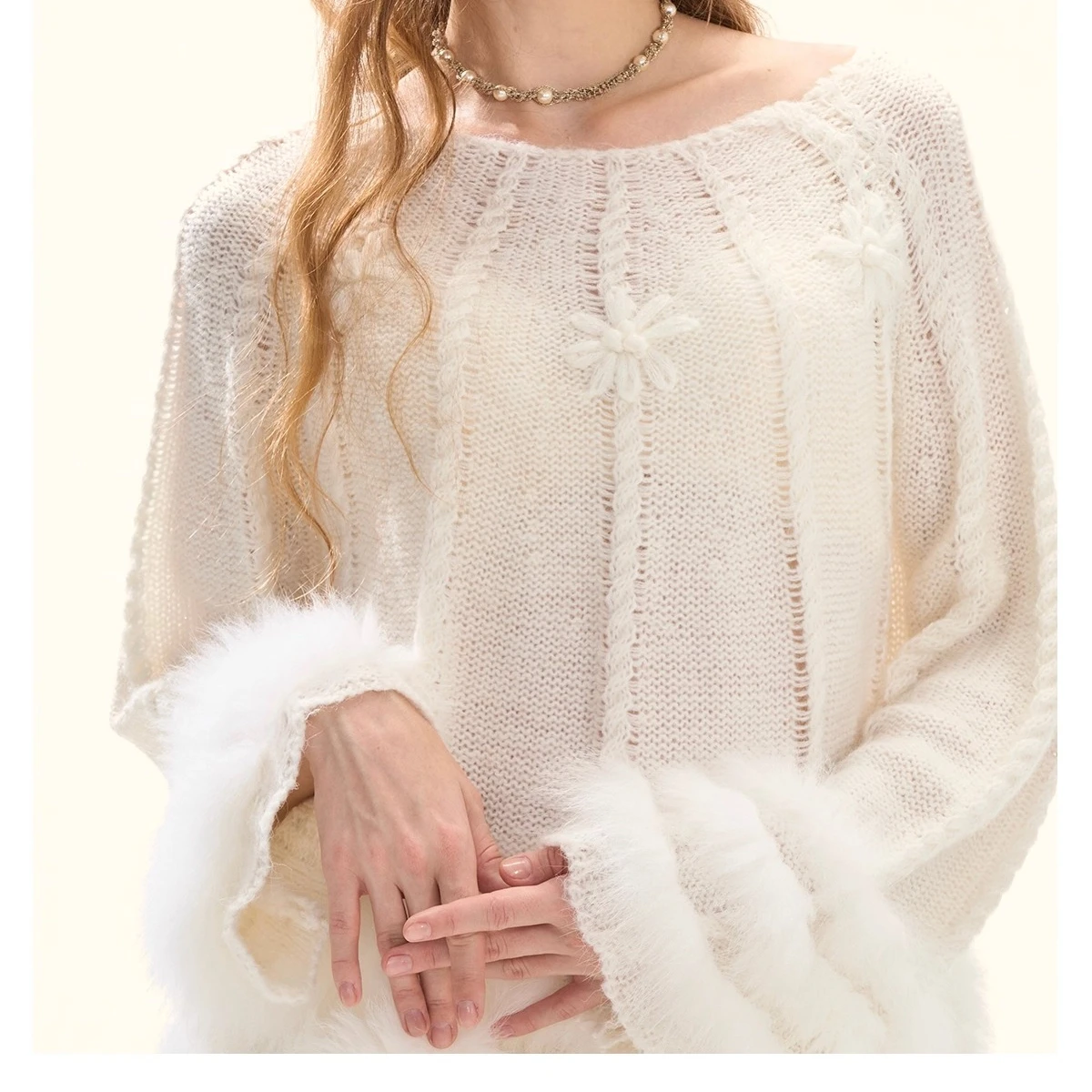 تصميم فرنسي ملابس نسائية 2025 خريف شتاء جديد أبيض حلو لطيف الراقية الفراء الربط فضفاض كابل متماسكة سترة السيدات #5