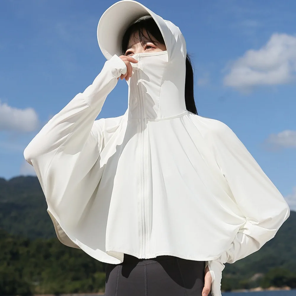 

Solid Color Sunscreen Hoodie Long Sleeve Thin Summer Sunscreen Shawl Scarf Large Brim Hat Sun Protection Clothing Girl