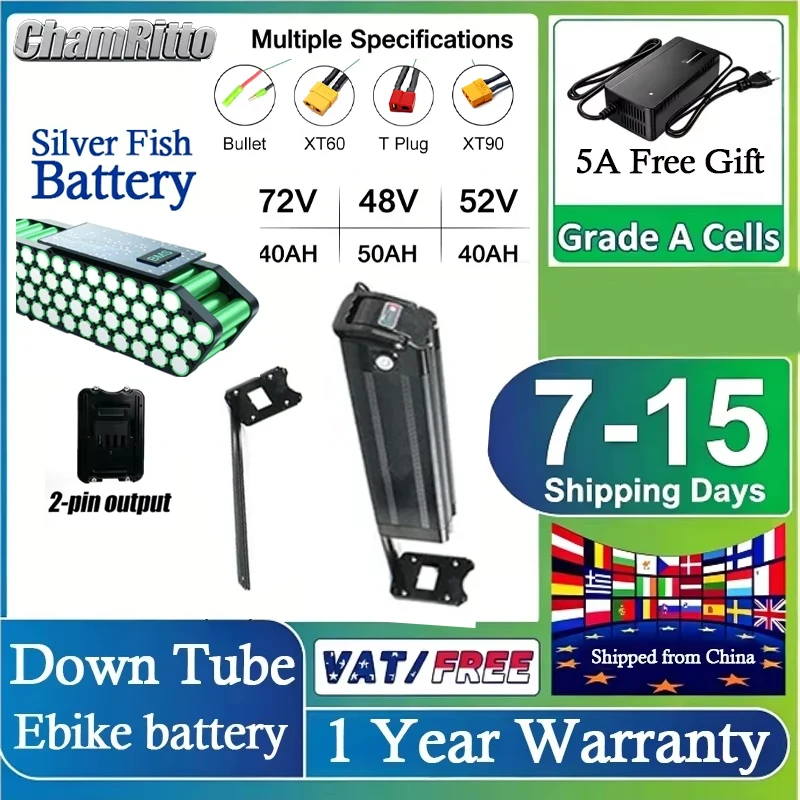 

48v 52v 60v 72v SilverFish Bike Battery 48 Volt Batterie Vélo 36v 13Ah Duotts S26 Battery 20ah 30 40ah 50ah Lithium Battery Pack