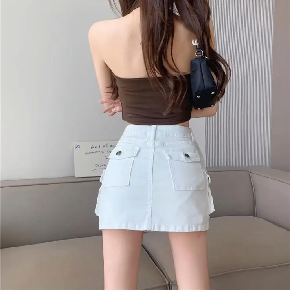 

Women Denim Skirt Stylish High-waist Denim Skirt with Belt Pockets A-line Work Skirt for Women Button Zipper Fly Wrapped Short