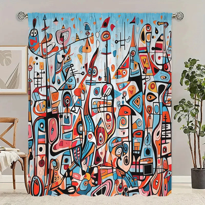 2Pcs- Complex painting - printed curtain -100% polyester material, suitable for bedroom curtains and living room decoration;