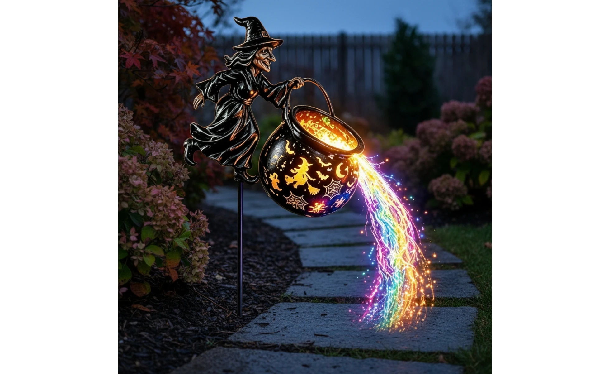 Halloween Witch Cauldron-Style Pot Garden Light Outdoor Halloween Witch Decor with Stake Garden Light with Stake Illuminated