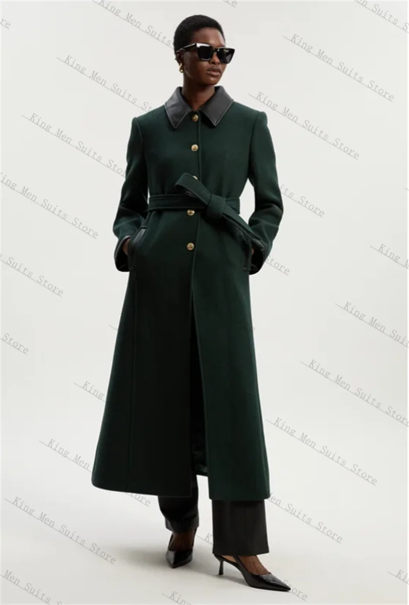 

Cashmere Wool Women Suit 1 Piece Long Blazer Belted Prom Dress dark Green Customized Formal Office Lady Jacket Wedding Overcoat