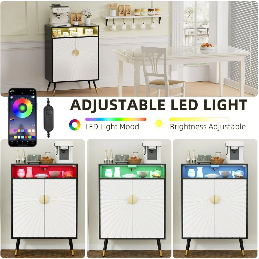 خزانة بار النبيذ المضيئة مع مخرج طاقة، وخزانة بار القهوة مع مساحة تخزين النبيذ وحامل زجاجي، Stora الخمور المعاصر