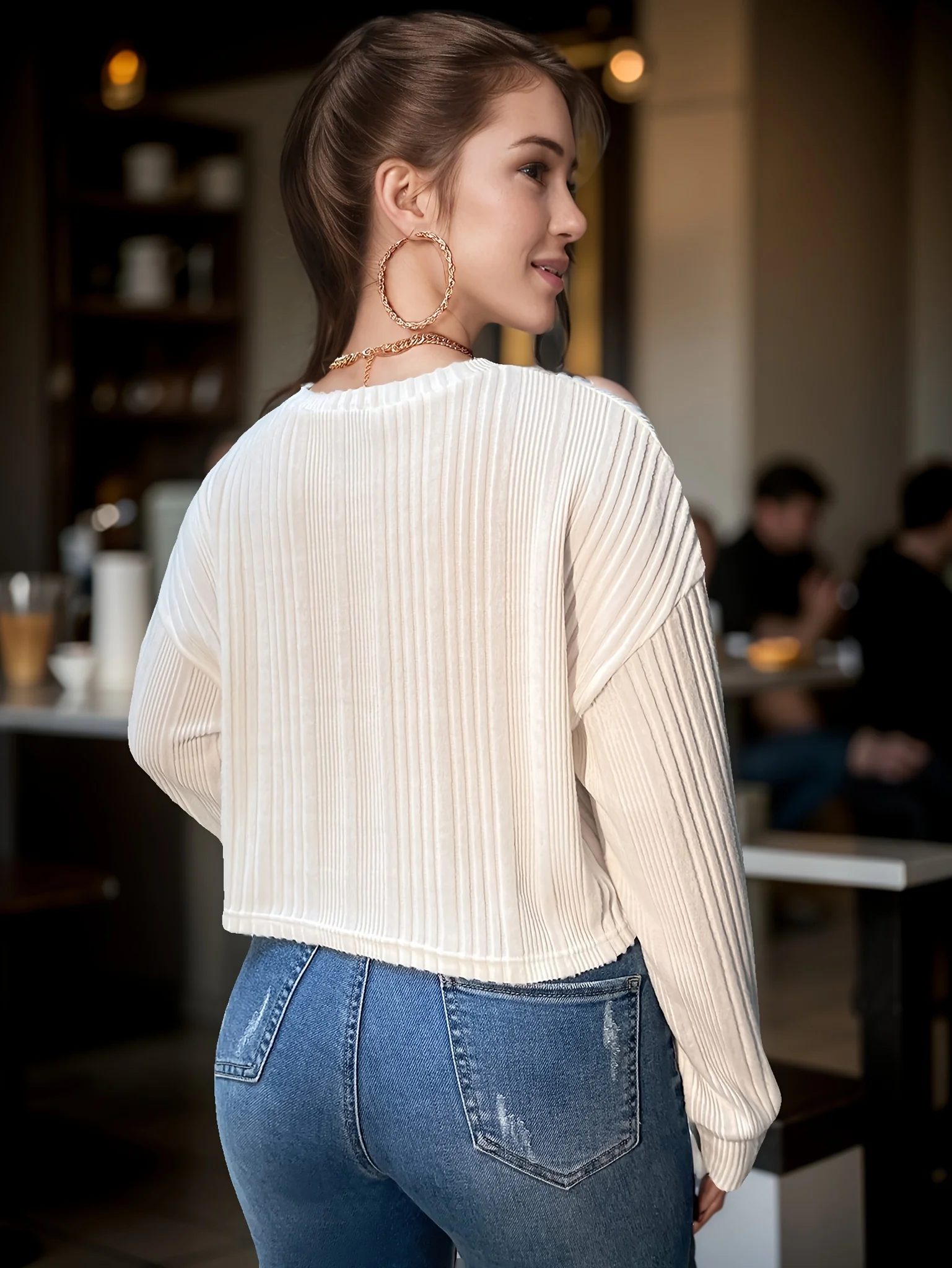 Elegant Fashionable Women's White Overhead Sweater Stylish Chic Ladies' Top view 2