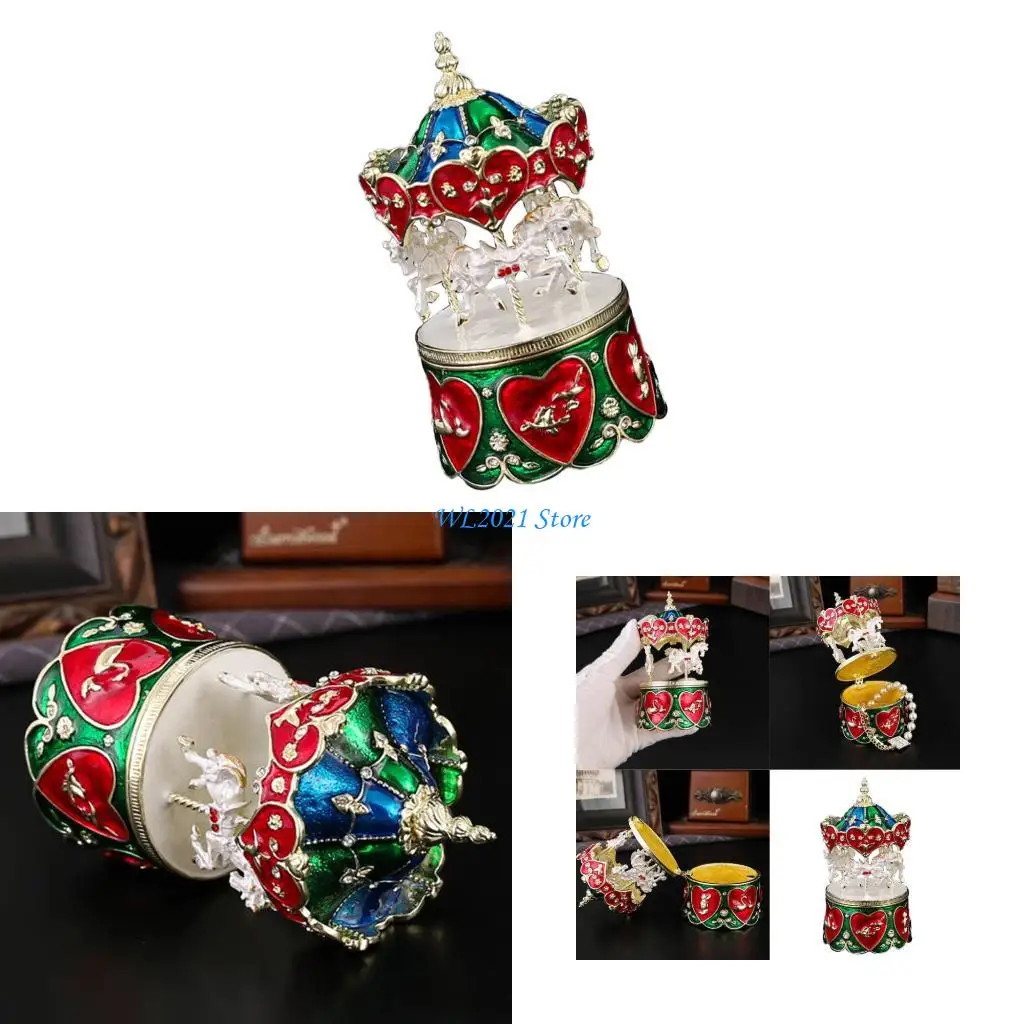 G5GC Vintage Inspired Rotating Carousel Jewelry Organiser Alloy Construction Storage Box For Necklace Earrings