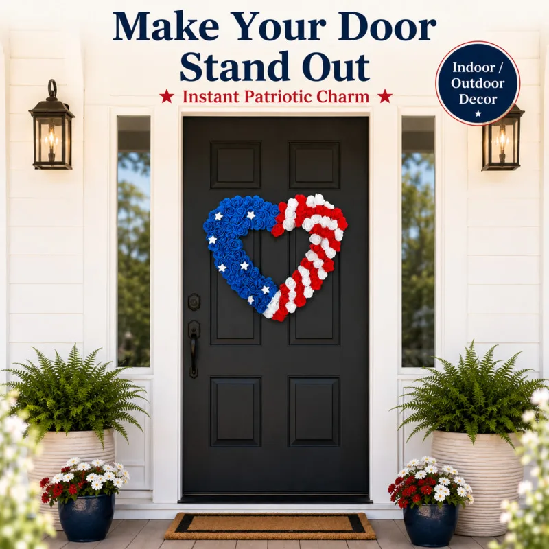 Patriotic Heart Wreath Door Hanger Red White Blue Floral Door Sign Front Door Wall Decor For July 4th Memorial Day Party Outdoor