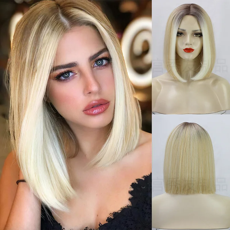 Ombre Blonde Bob Wigs With Blonde Highlight Straight Lace Closure Wig Small Lace